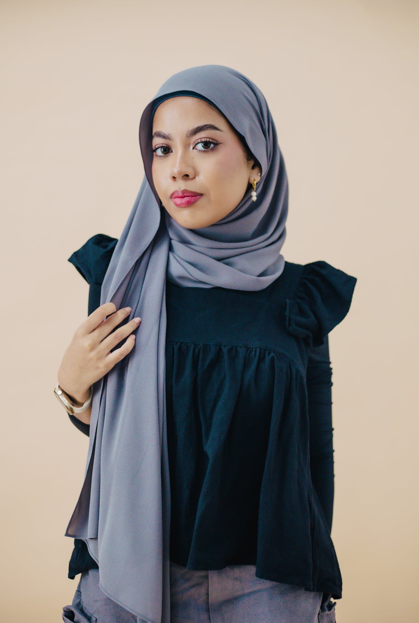 KOREAN CHIFFON HIJAB WITH MATCHING INNER CAP - FOSSIL