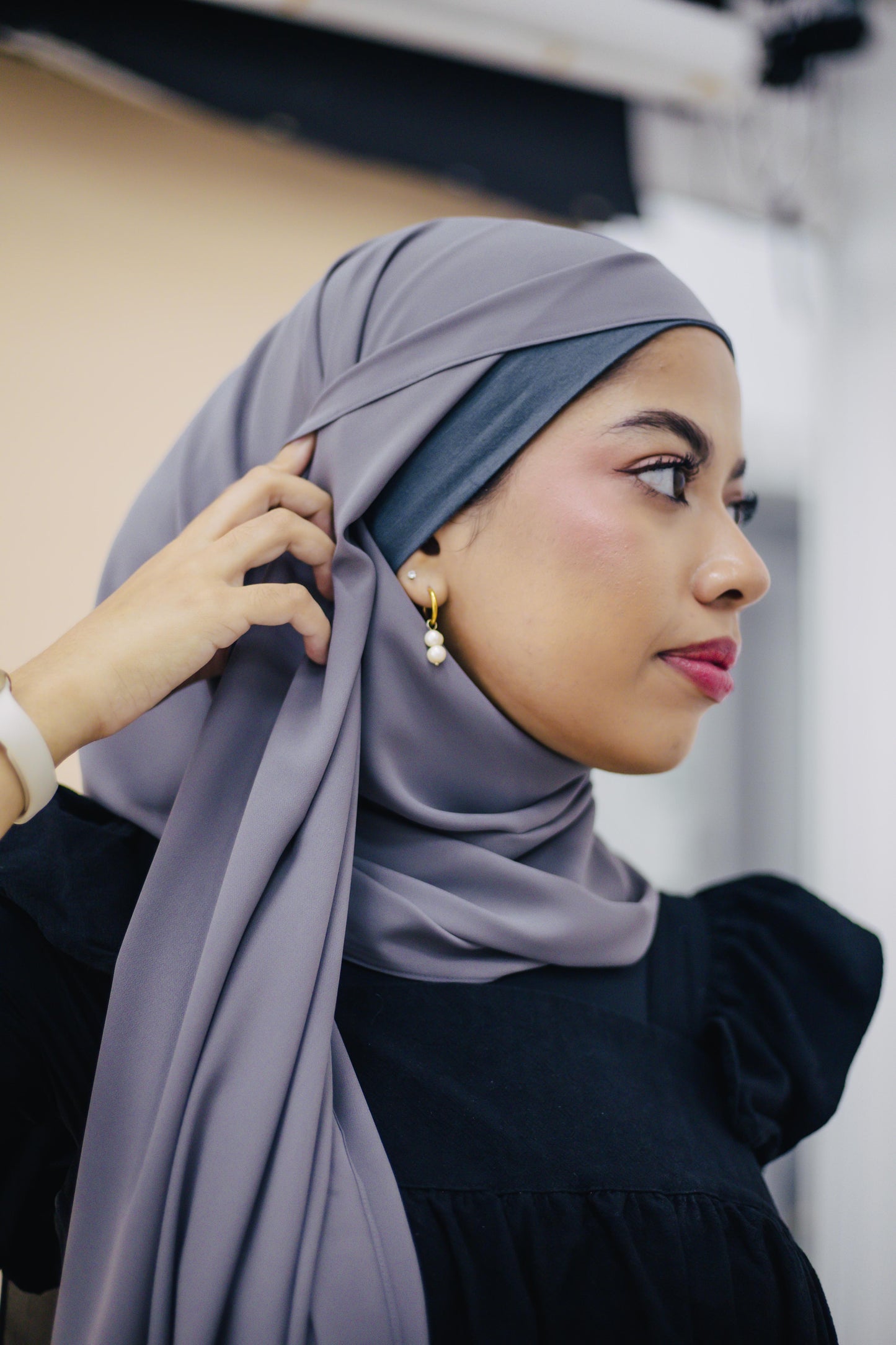 KOREAN CHIFFON HIJAB WITH MATCHING INNER CAP - FOSSIL
