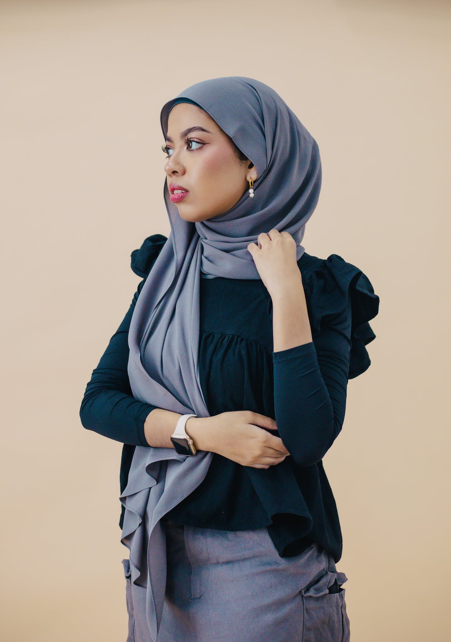 KOREAN CHIFFON HIJAB WITH MATCHING INNER CAP - FOSSIL