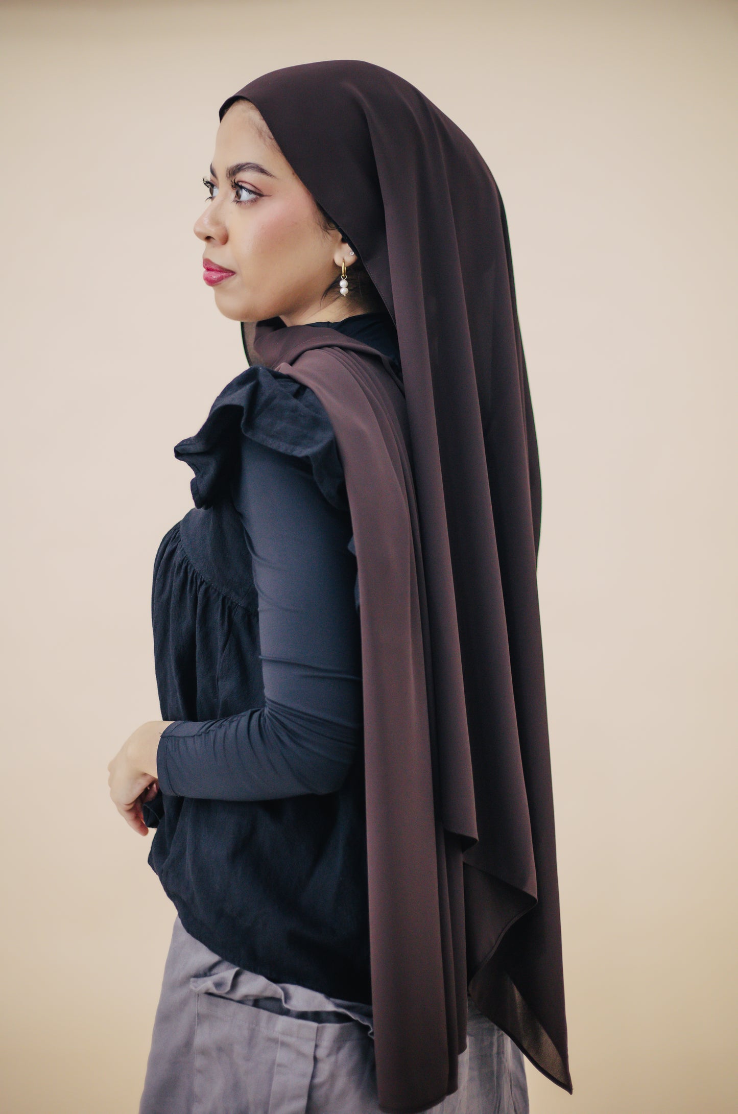 KOREAN CHIFFON HIJAB WITH MATCHING INNER CAP - BRUNETTE