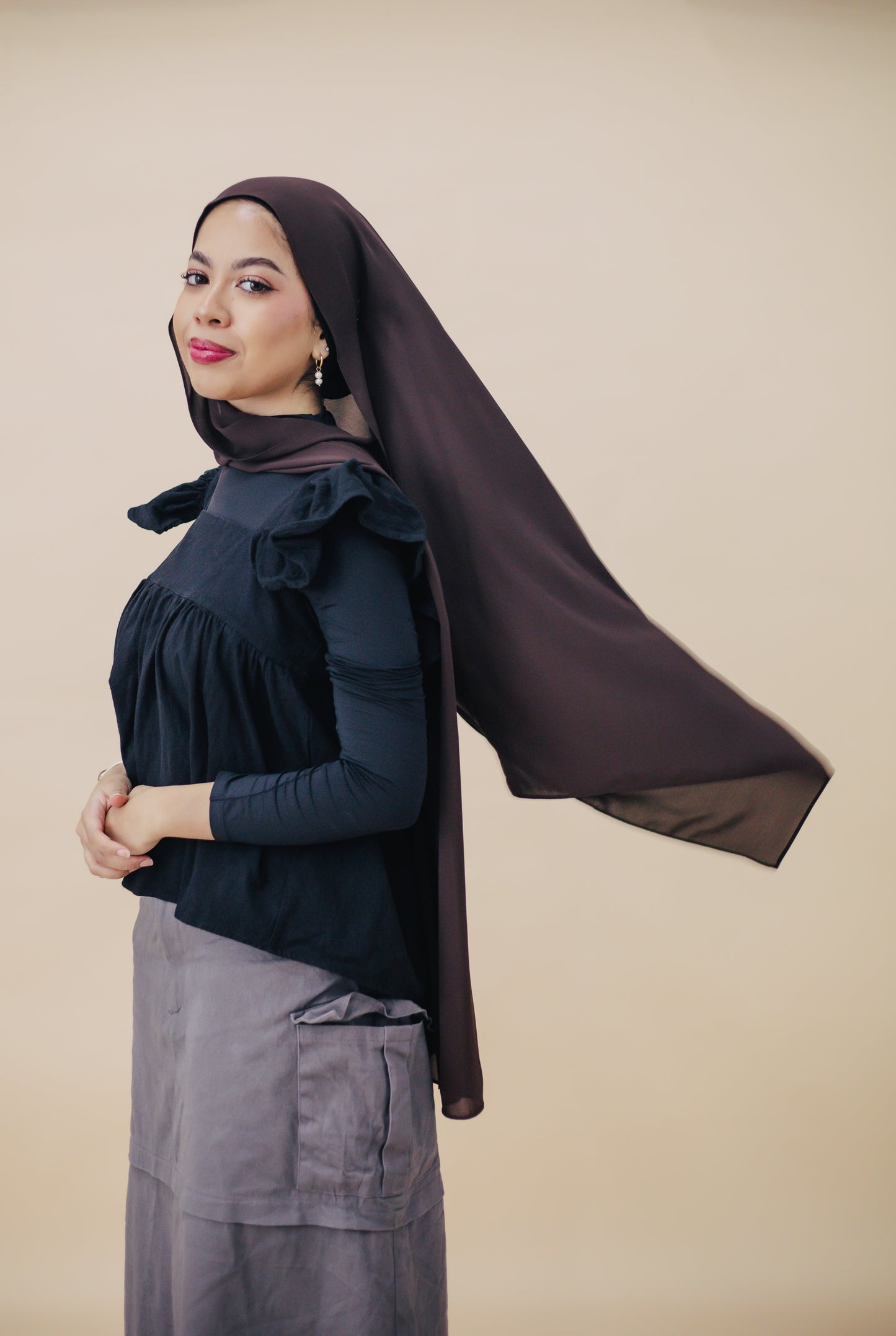 KOREAN CHIFFON HIJAB WITH MATCHING INNER CAP - BRUNETTE