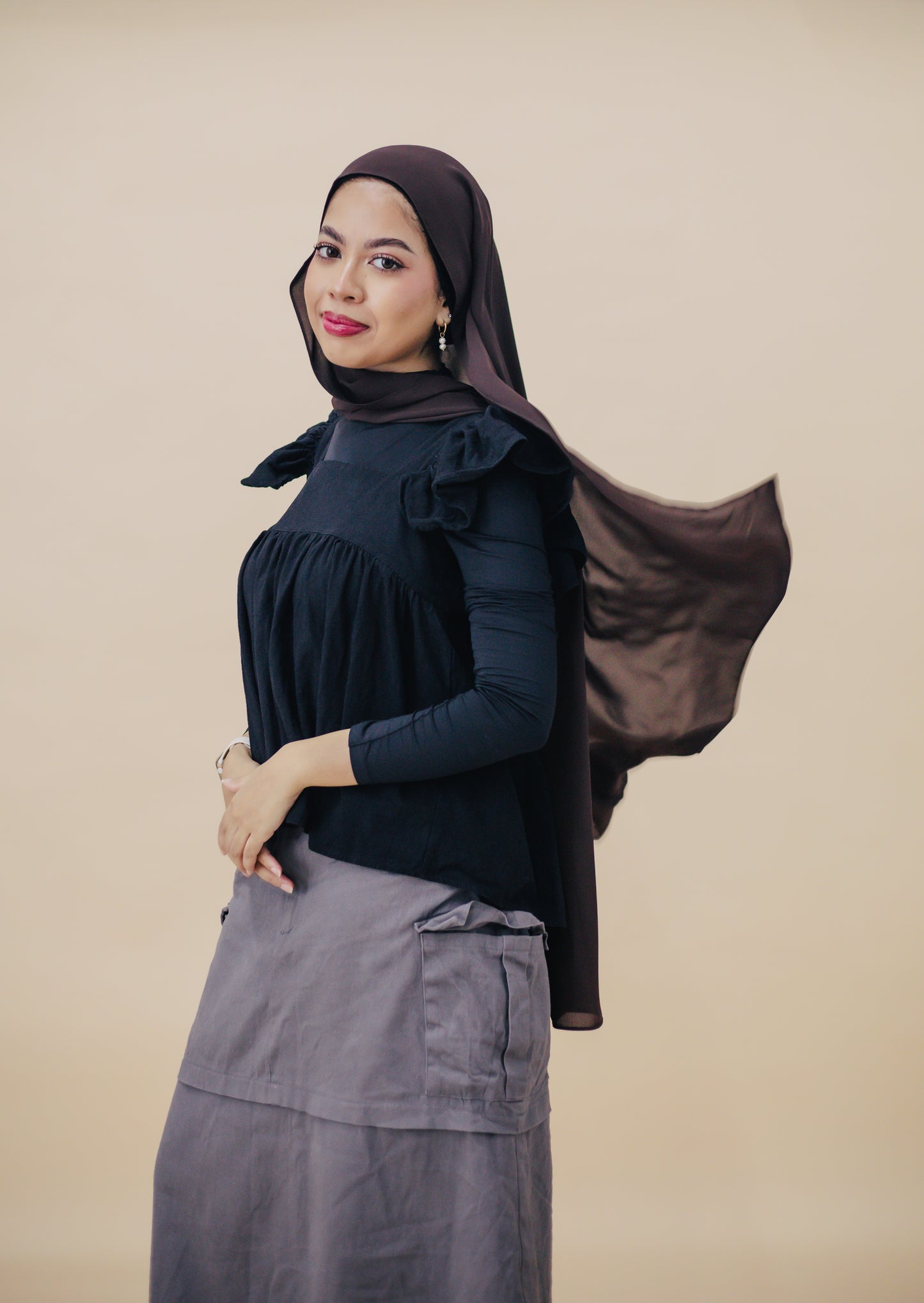 KOREAN CHIFFON HIJAB WITH MATCHING INNER CAP - BRUNETTE