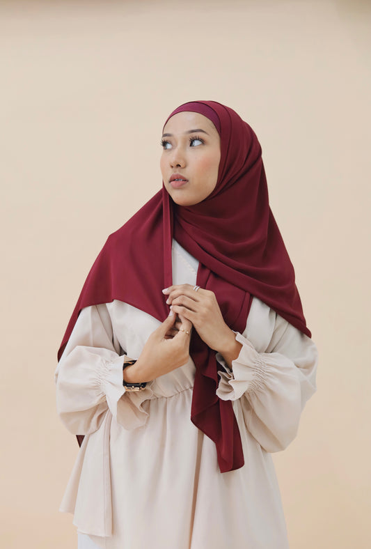 KOREAN CHIFFON HIJAB WITH MATCHING INNER CAP -  BURGUNDY